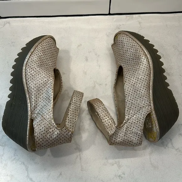 Fly London Yala Leather Perforated Wedges Gold Shimmer Size 9.5