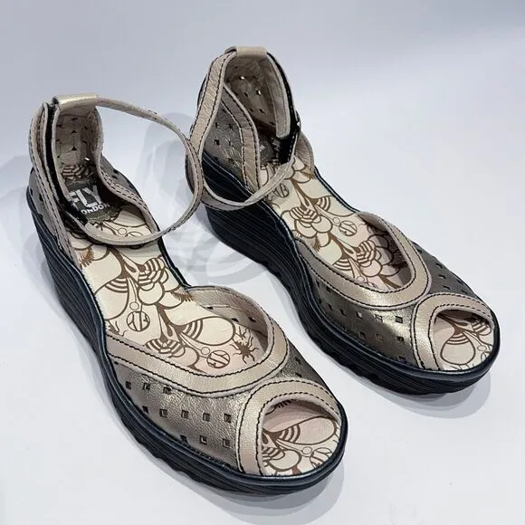 Fly London Yoda Bronze Leather Peep Toe Wedge Slingback Sandals ~ Size 8 (38EU)