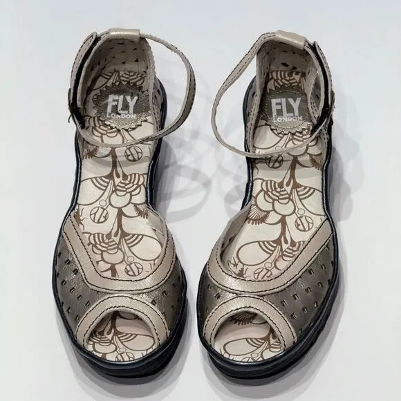 Fly London Yoda Bronze Leather Peep Toe Wedge Slingback Sandals ~ Size 8 (38EU)