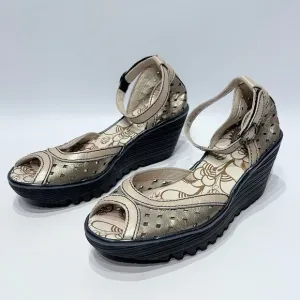 Fly London Yoda Bronze Leather Peep Toe Wedge Slingback Sandals ~ Size 8 (38EU)