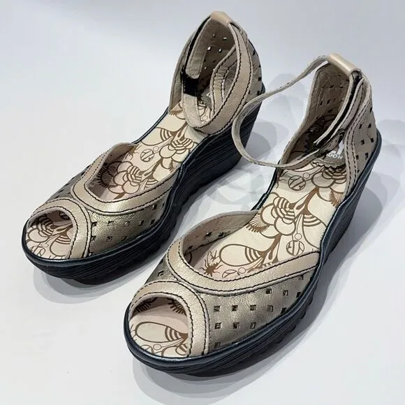 Fly London Yoda Bronze Leather Peep Toe Wedge Slingback Sandals ~ Size 8 (38EU)