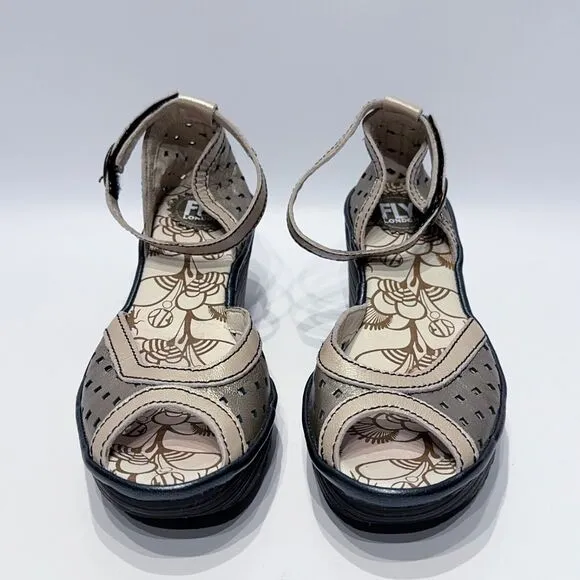 Fly London Yoda Bronze Leather Peep Toe Wedge Slingback Sandals ~ Size 8 (38EU)