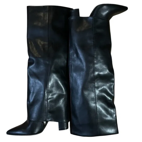 Foldover Sleek Black Chunky Heel Knee High Boots Edgy Pointed Toe Side Zip Sz.40