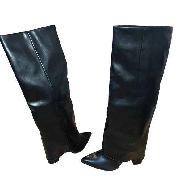 Foldover Sleek Black Chunky Heel Knee High Boots Edgy Pointed Toe Side Zip Sz.40