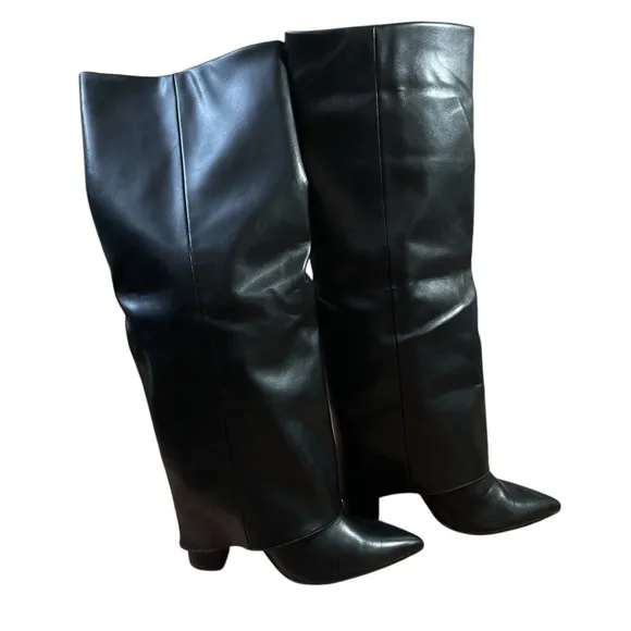 Foldover Sleek Black Chunky Heel Knee High Boots Edgy Pointed Toe Side Zip Sz.40