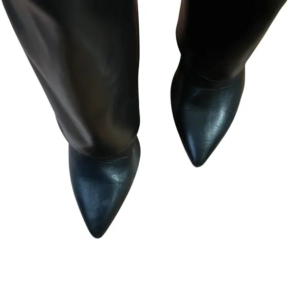 Foldover Sleek Black Chunky Heel Knee High Boots Edgy Pointed Toe Side Zip Sz.40