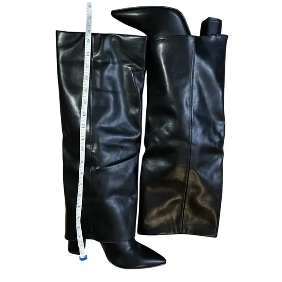 Foldover Sleek Black Chunky Heel Knee High Boots Edgy Pointed Toe Side Zip Sz.40
