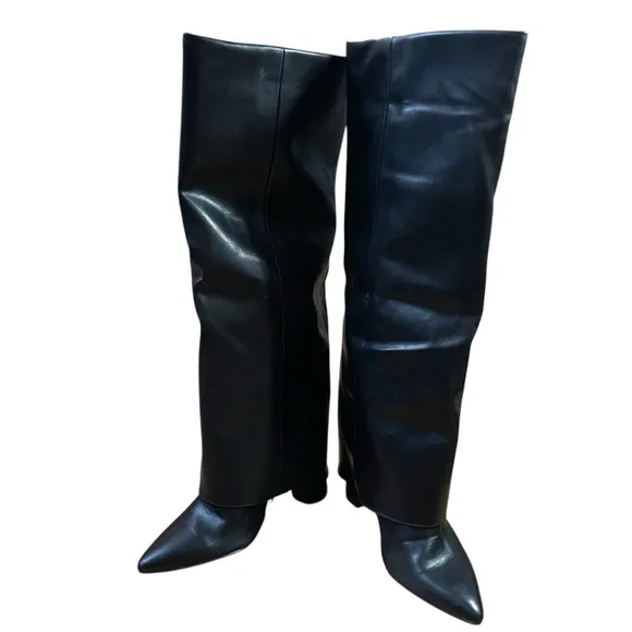 Foldover Sleek Black Chunky Heel Knee High Boots Edgy Pointed Toe Side Zip Sz.40