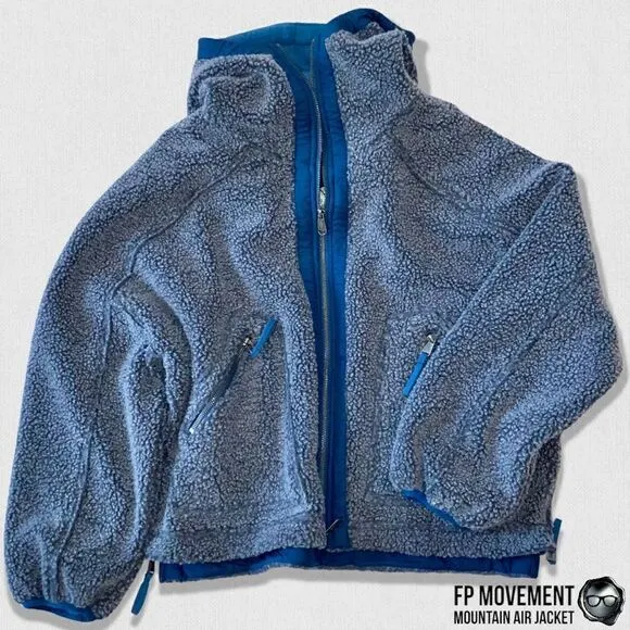 FP MOVEMENT MOUNTAIN AIR SHERPA FULL ZIP HOODED JACKET BLUE WOMEN OVERSIZED XS-L