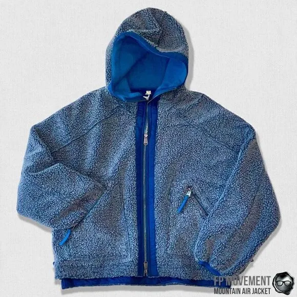 FP MOVEMENT MOUNTAIN AIR SHERPA FULL ZIP HOODED JACKET BLUE WOMEN OVERSIZED XS-L