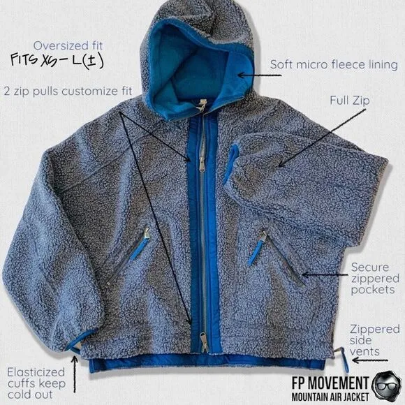 FP MOVEMENT MOUNTAIN AIR SHERPA FULL ZIP HOODED JACKET BLUE WOMEN OVERSIZED XS-L