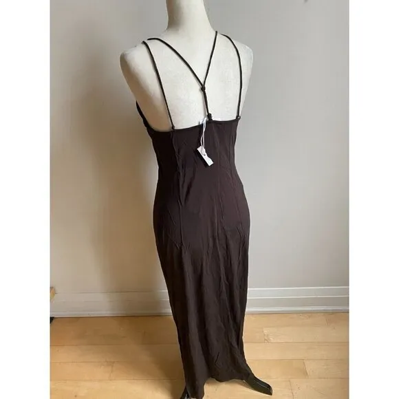 Frame BNWOT womens black delicate knot midi dress sz Medium side slit