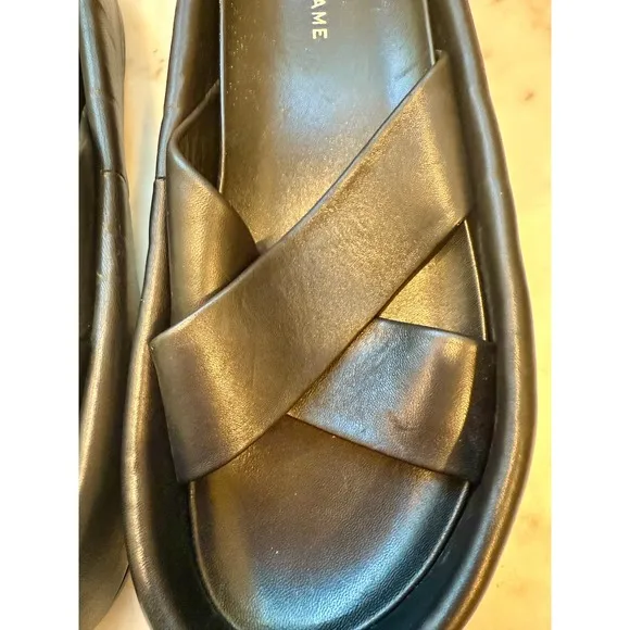 FRAME Denim Le Laurel Leather Criss Cross Slides Sandals Black Casual Size 38.5