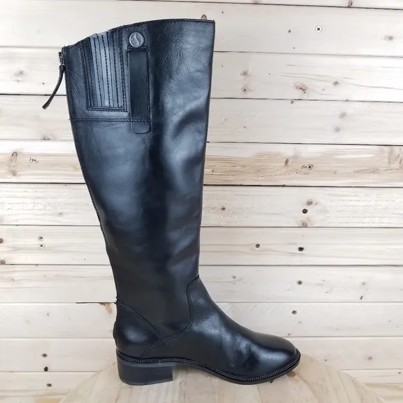 Franco Sarto 7 Wide BECKY Black Leather Riding Knee Boot Biker Moto Side Zip NEW