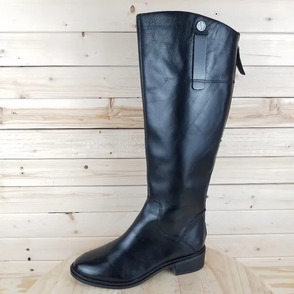 Franco Sarto 7 Wide BECKY Black Leather Riding Knee Boot Biker Moto Side Zip NEW