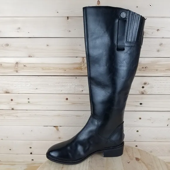 Franco Sarto 7 Wide BECKY Black Leather Riding Knee Boot Biker Moto Side Zip NEW
