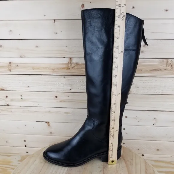 Franco Sarto 7 Wide BECKY Black Leather Riding Knee Boot Biker Moto Side Zip NEW
