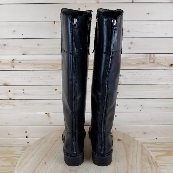 Franco Sarto 7 Wide BECKY Black Leather Riding Knee Boot Biker Moto Side Zip NEW