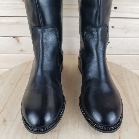Franco Sarto 7 Wide BECKY Black Leather Riding Knee Boot Biker Moto Side Zip NEW