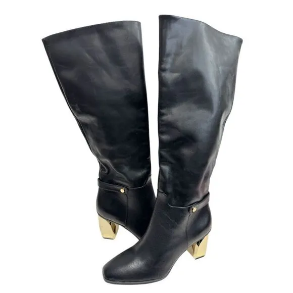 Franco Sarto Knee High Boots Size 9 Black Leather Gold Heel Side Zip
