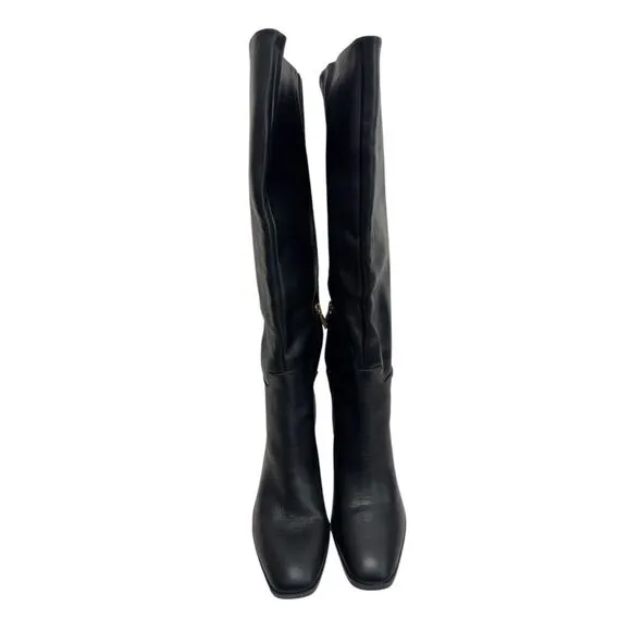 Franco Sarto Knee High Boots Size 9 Black Leather Gold Heel Side Zip