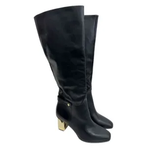 Franco Sarto Knee High Boots Size 9 Black Leather Gold Heel Side Zip
