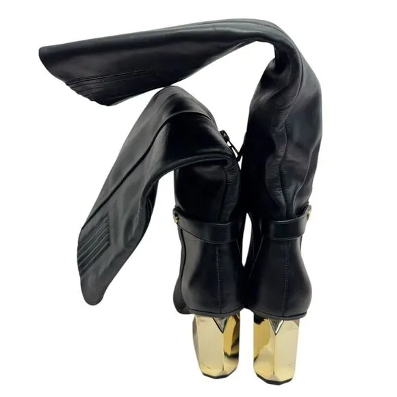 Franco Sarto Knee High Boots Size 9 Black Leather Gold Heel Side Zip