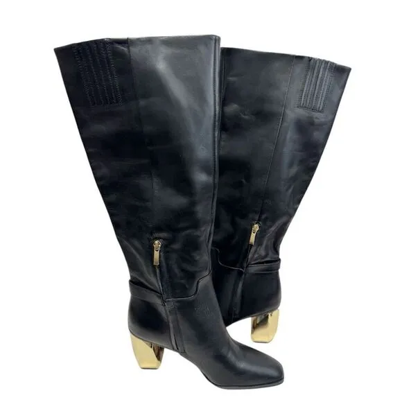 Franco Sarto Knee High Boots Size 9 Black Leather Gold Heel Side Zip