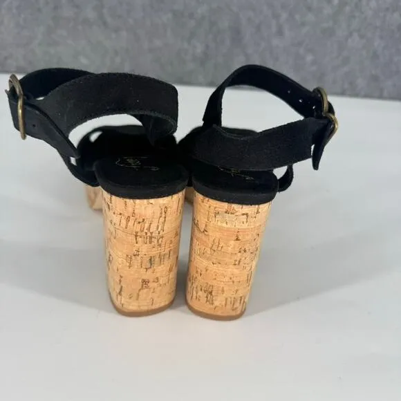 FREE PEOPLE Black Suede Brooke Platform Sandals Cork Block Heel size 7.5 38