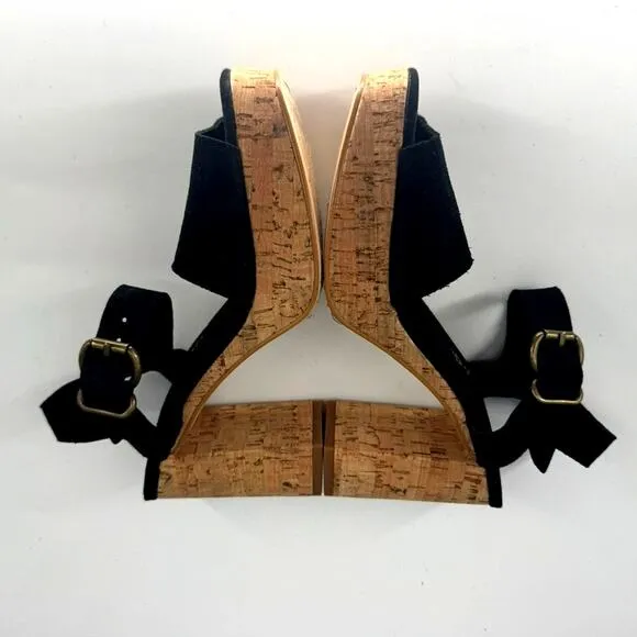 FREE PEOPLE Black Suede Brooke Platform Sandals Cork Block Heel size 7.5 38