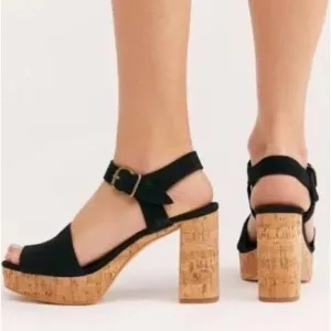 FREE PEOPLE Black Suede Brooke Platform Sandals Cork Block Heel size 7.5 38