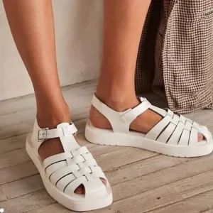 Free People Finn Fisherman Platform Sandals in White Patent Leather Size 8