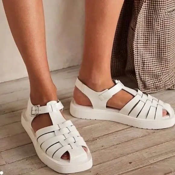 Free People Finn Fisherman Platform Sandals in White Patent Leather Size 8
