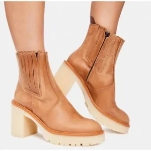 Free People James Chunky Heel Leather Chelsea Boot Brown EU 38