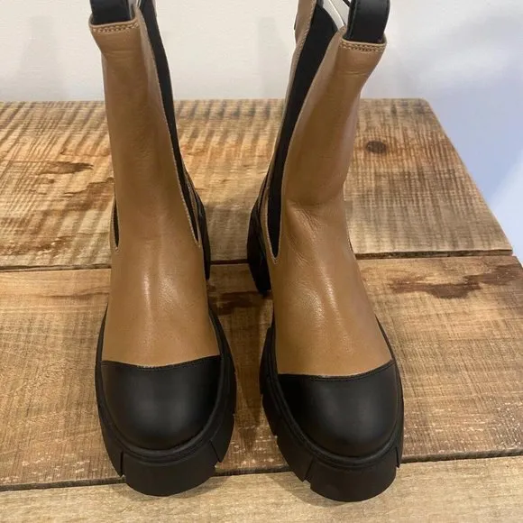 Free People Maren Mid Chelsea Leather Elastic Lug Sole Boots in Tan NEW Size 39