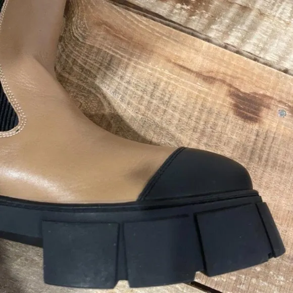 Free People Maren Mid Chelsea Leather Elastic Lug Sole Boots in Tan NEW Size 39