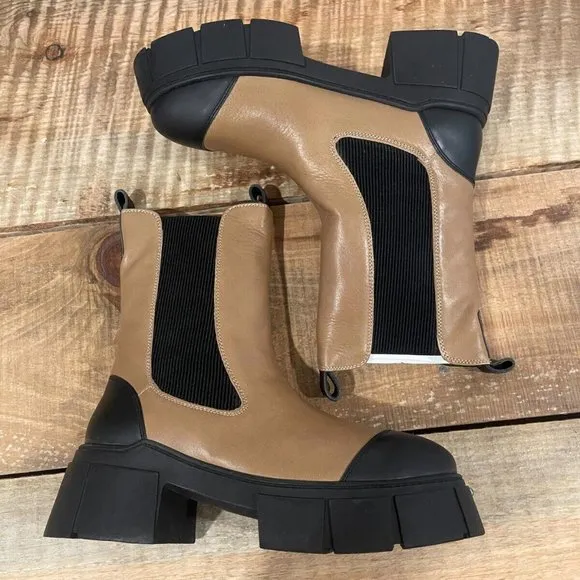Free People Maren Mid Chelsea Leather Elastic Lug Sole Boots in Tan NEW Size 39