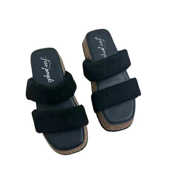 Free People Platform Sandals Chunky Black Brown Boho Slides Suede Size 37 6.5