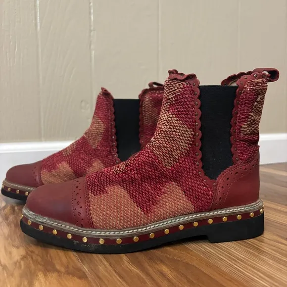 Free People Textile Atlas Chelsea Boot in Burgundy Red Kilim