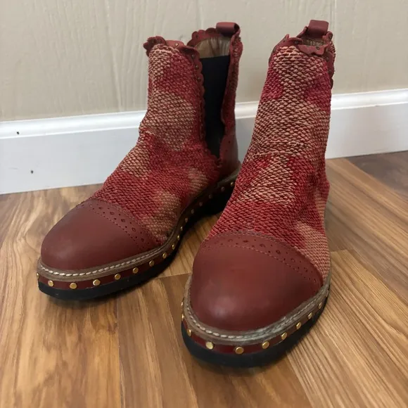 Free People Textile Atlas Chelsea Boot in Burgundy Red Kilim