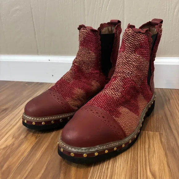 Free People Textile Atlas Chelsea Boot in Burgundy Red Kilim
