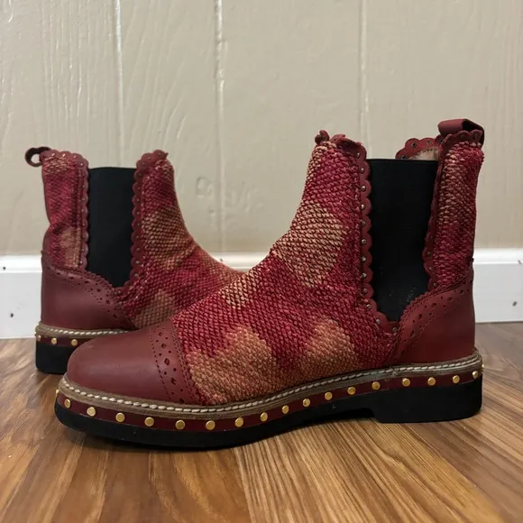 Free People Textile Atlas Chelsea Boot in Burgundy Red Kilim