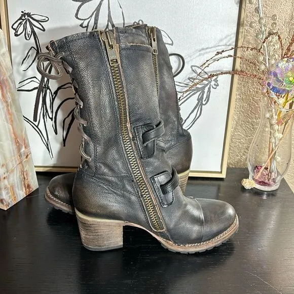 Freebird by Steven Cora mid calf moto biker strappy heeled lace back boots 7