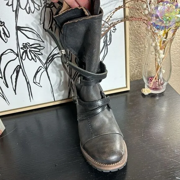 Freebird by Steven Cora mid calf moto biker strappy heeled lace back boots 7