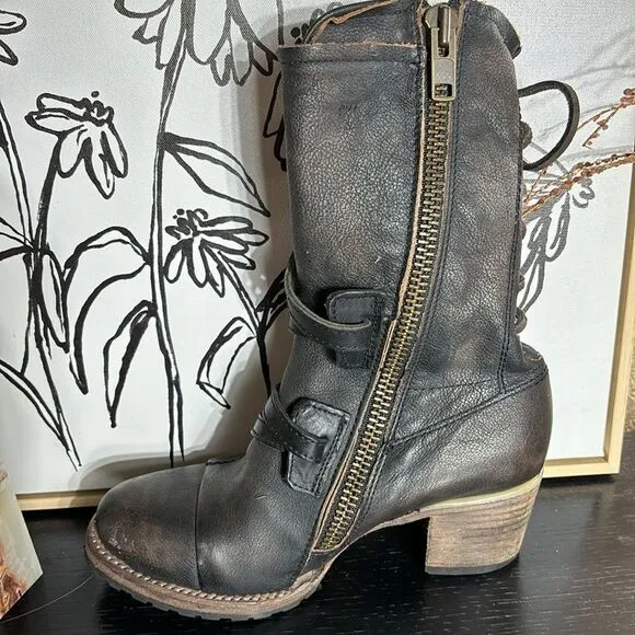 Freebird by Steven Cora mid calf moto biker strappy heeled lace back boots 7