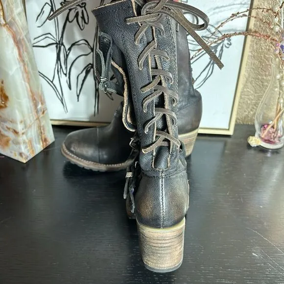 Freebird by Steven Cora mid calf moto biker strappy heeled lace back boots 7