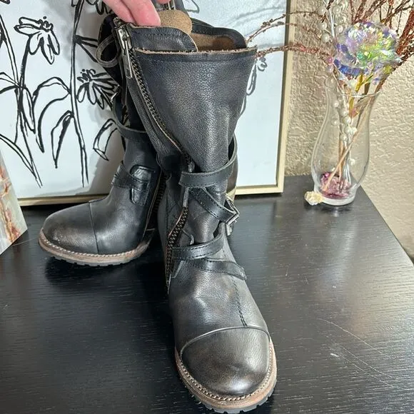 Freebird by Steven Cora mid calf moto biker strappy heeled lace back boots 7