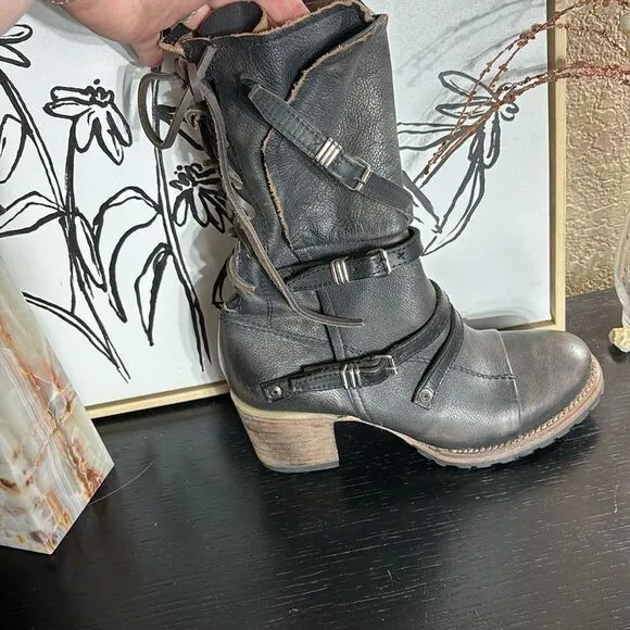 Freebird by Steven Cora mid calf moto biker strappy heeled lace back boots 7