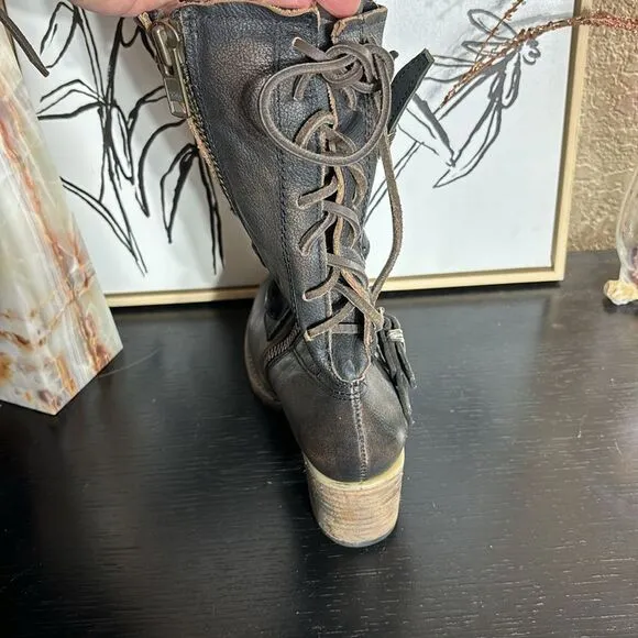Freebird by Steven Cora mid calf moto biker strappy heeled lace back boots 7