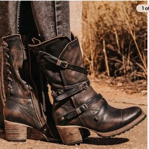 Freebird by Steven Cora mid calf moto biker strappy heeled lace back boots 7